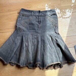 Alexander McQueen GreenGray Denim Flared Embroidered Skirt